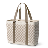 Sun-Day Collapsible Tote in Checkin' In, cream and tan checkerboard pattern tote bag with tan carry loops and matching strap detail