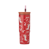 Owala Birthday Bash Marlu Giddy Up 24oz Tumbler in deep red with cream illustrated cowboy boots, horseshoes, ribbons, and stars, terracotta lid, and pink straw