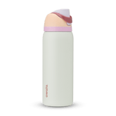 FreeSip 32oz water bottle, off-white body with blush peach lid base and soft pink carry loop