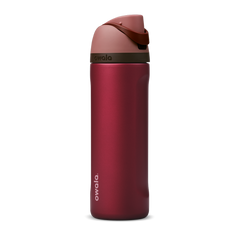 FreeSip 24oz Poinsettia; deep crimson red body with dusty rose flip cap, dark burgundy carry loop, and dark burgundy accent band on the lid