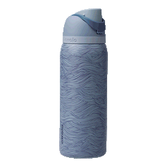 FreeSip 24oz Feeling Swell; rotating view of slate blue body with flowing wave line pattern in lighter blue tones, light blue flip cap, slate blue carry loop, and light blue lid