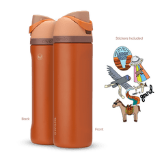 Great American Road Trip FreeSip 24oz in Grand Canyon, warm terracotta-orange body with peach flip cap, mauve carry loop, and brown lid accent band; back and front views shown with included national park-themed stickers featuring an eagle, horse, UFO, and "Keep It Grand" rainbow