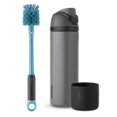 Starter Pack Bundle; gray FreeSip water bottle with gray flip cap, blue bottle brush with loop ring, and black silicone Bottle Boot
