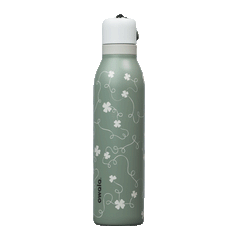 Owala RS: Clover Achiever FreeSip Twist 24oz bottle in sage green with subtle white four-leaf clover pattern; white twist-off lid; animated 360-degree spin view