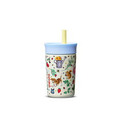 Kids' Tumbler Mother's Day Garden; cream white body with colorful garden print of flowers, strawberries, watering can, dog, squirrel, and bees, light blue lid, and yellow straw