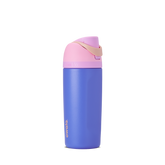 Kids FreeSip 16oz in Wild Child, bright periwinkle blue insulated bottle with pink flip cap, matching blue lid base, and gold carry loop