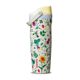 FreeSip Sway 30oz Mother's Day Garden; cream white body with colorful garden print featuring flowers, strawberries, hummingbirds, and bees, yellow flip cap, and light blue carry loop
