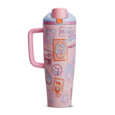 FreeSip Tumbler 40oz in Sending Love, soft blush pink body covered in whimsical illustrated stamp-like patches featuring animals, flowers, and travel motifs, with matching pink handle, pink flip cap, and lavender lid
