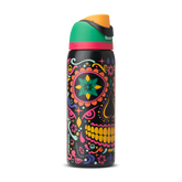 FreeSip 32oz in Sugar Skull, black body with colorful Day of the Dead sugar skull graphic in pink, yellow, green, and turquoise; green flip cap with orange detail, hot pink accent band on the lid; glows in the dark