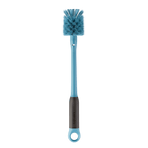2-in-1 Bottle Brush; medium blue long-handled bottle brush with dark gray grip and blue loop ring at base