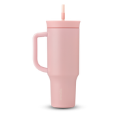 40oz Tumbler in Rose Quartz, soft blush pink insulated tumbler with matching pink handle and lid, and pale pink straw