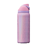 Rotating view of Wicked Glinda edition FreeSip bottle; shimmery iridescent lavender-pink body with geometric diamond-pattern texture, pink flip cap, and lavender carry loop