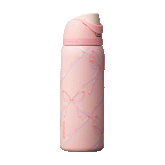 FreeSip 32oz Sugar Plum Fairy; rotating view of light pink body with diagonal lattice pattern of pastel pink, lavender, and cream ribbon bows, matching pink flip cap, pink carry loop, and cream push-button