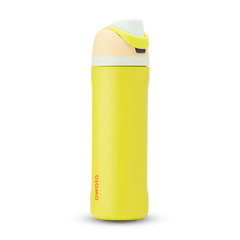 FreeSip 24oz in Lemon Limeade, bright yellow body with peach lid, neon yellow-green carry loop, white accent band, and orange logo