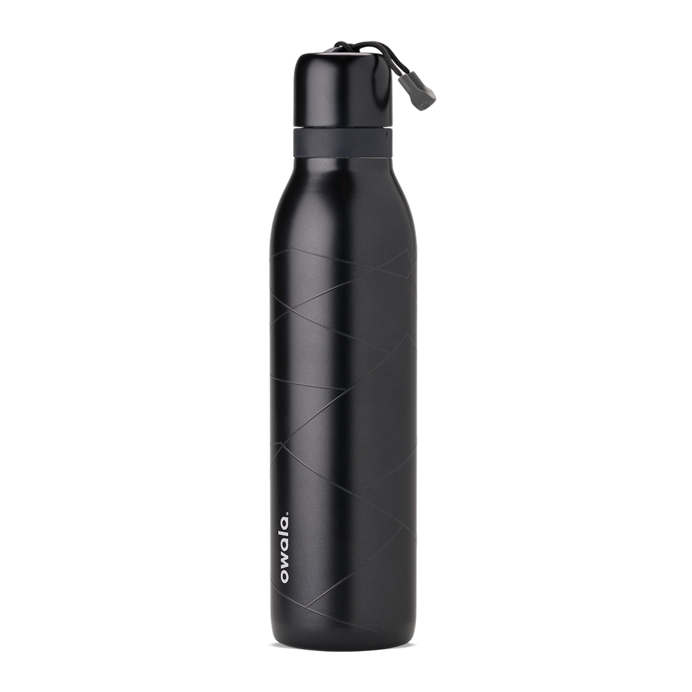 Owala Birthday Bash Lights Camera Action 24oz FreeSip Twist bottle in matte black with subtle tonal geometric line pattern, matching black twist cap, dark gray accent band, and black carry string with gray grip