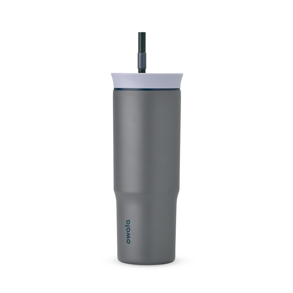 24oz Tumbler in Off the Grid — matte medium gray tumbler, pale lavender lid, and light gray straw