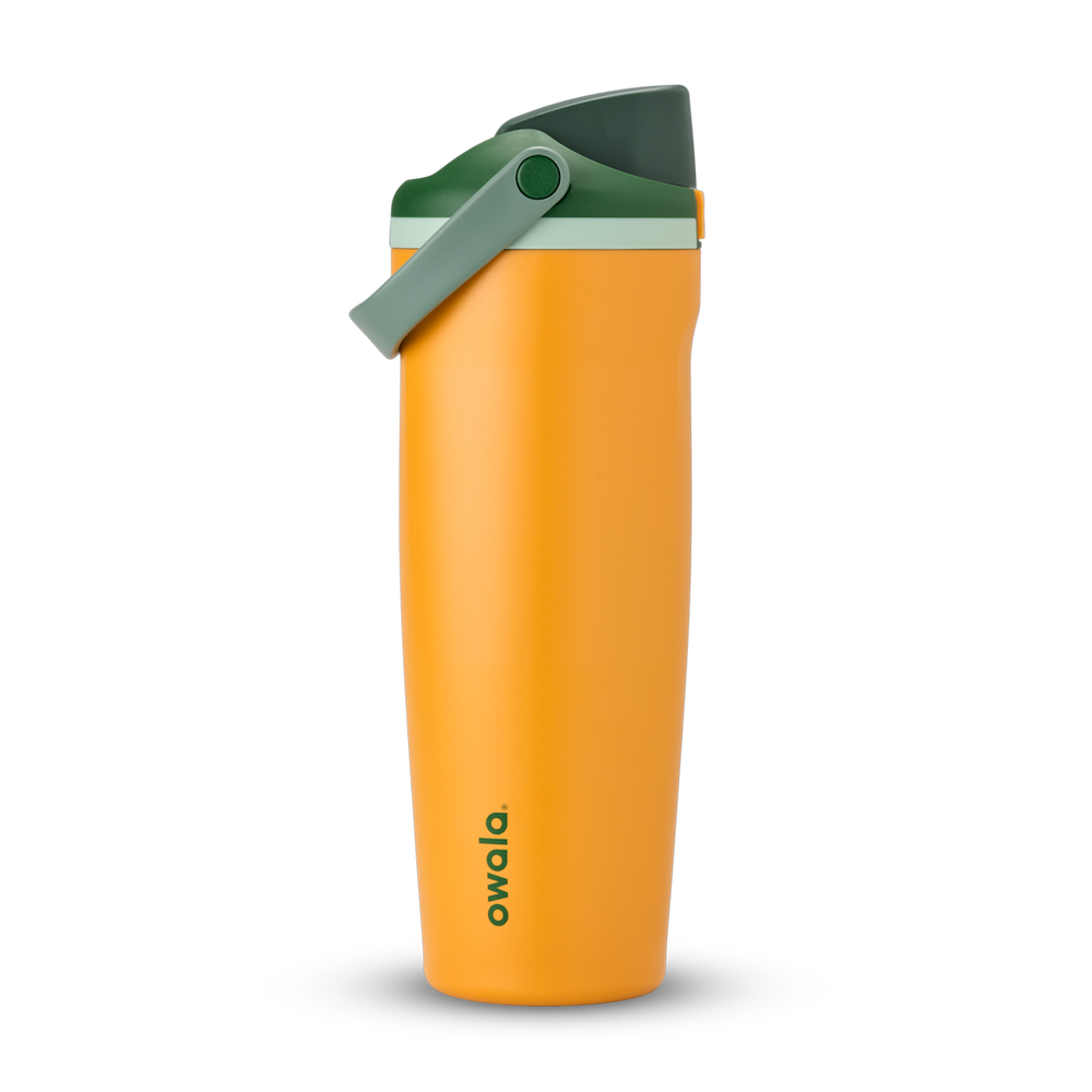 FreeSip Sway 32oz, bright golden yellow tumbler with dark olive green flip cap and carry loop