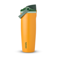 FreeSip Sway 32oz in Orange Grove, bright orange insulated water bottle with dark forest green flip cap, sage green carry loop and pale mint accent, lid open