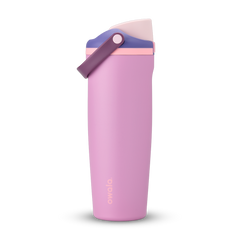 FreeSip Sway 32oz in Pretty in Purple, soft pink insulated water bottle with violet purple flip cap, deep purple carry loop and pale pink accent, lid open