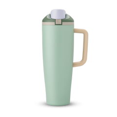 FreeSip Tumbler 40oz in Eucalyptus — soft sage green body with matching lid and beige handle, viewed from the handle side