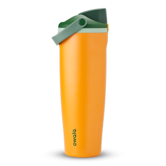 FreeSip Sway 40oz in Orange Grove, bright orange insulated water bottle with dark forest green flip cap, sage green carry loop and pale mint accent, lid open