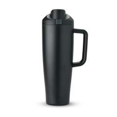 FreeSip Tumbler 40oz in Very Very Dark — matte black body with matching black lid and handle, viewed from the handle side