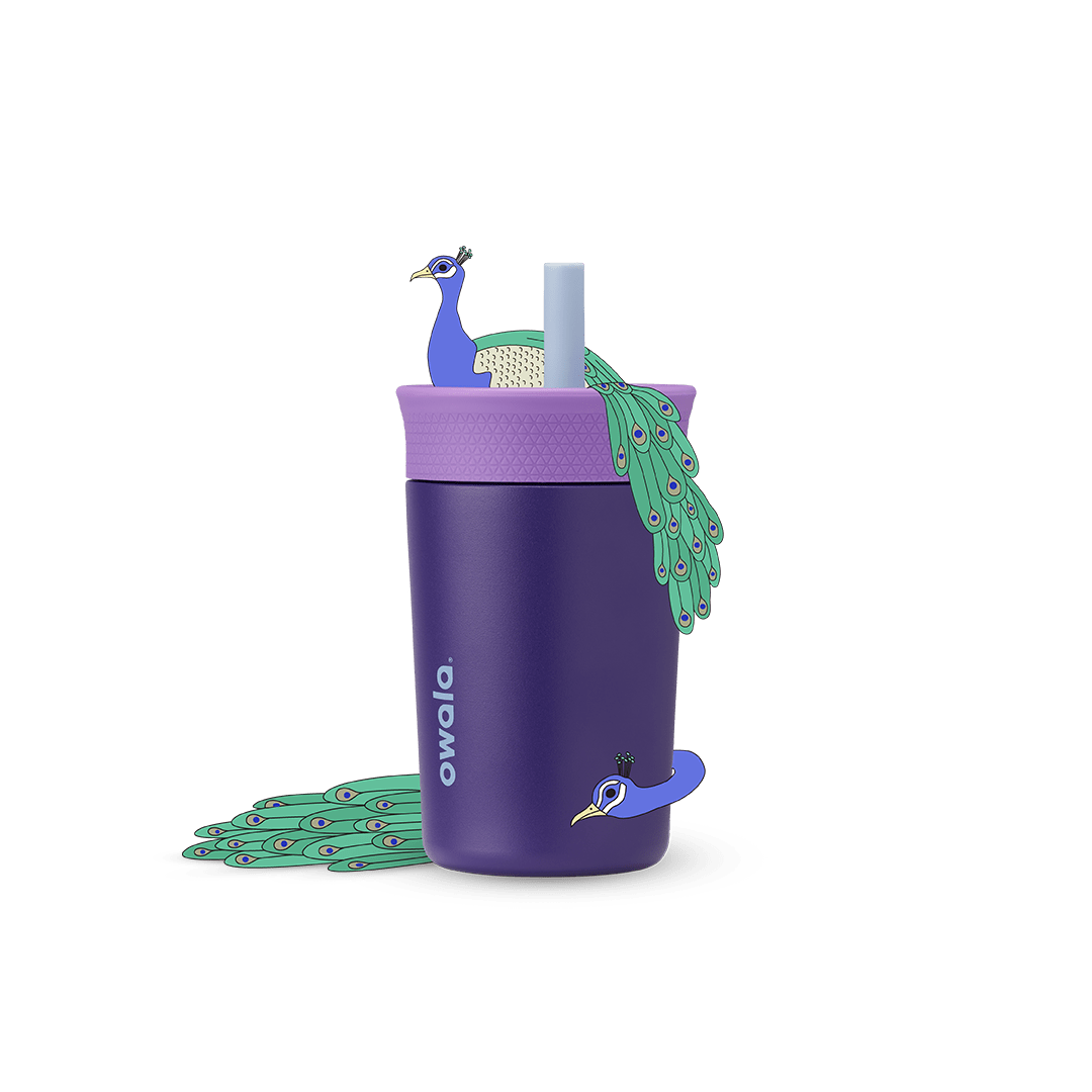 Kids' Tumbler 12oz Peacock Paradise, deep purple tumbler with lavender lid; peacock figurine on straw