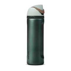FreeSip 24oz Wintergreen; deep forest green body with soft mint-sage flip cap and tan leather carry loop