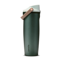FreeSip Sway 30oz Wintergreen; deep forest green body with soft mint-sage flip cap and tan leather carry loop