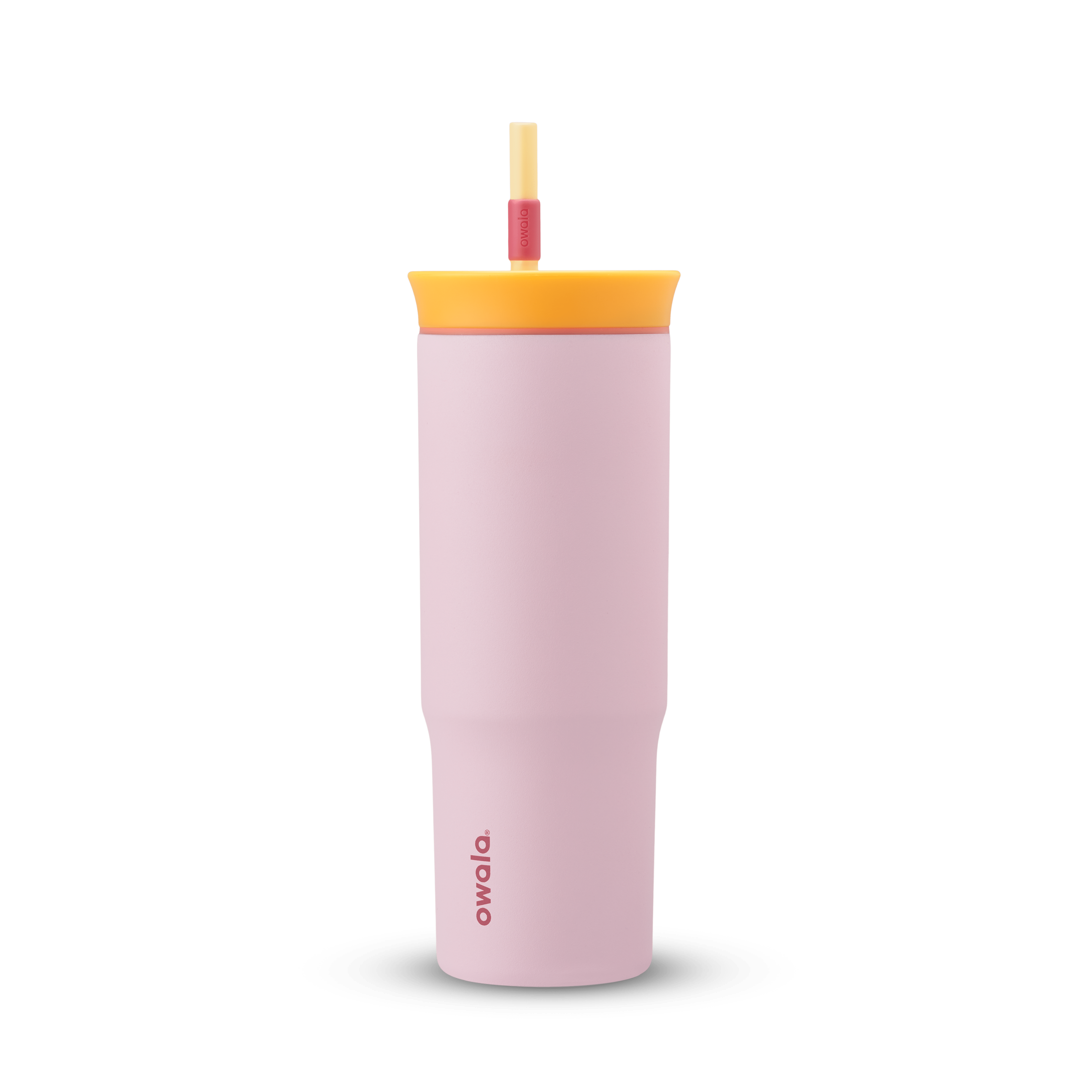24oz Tumbler in Candy Store; blush pink body with yellow lid, coral accent ring, and yellow and red straw