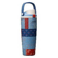 Rotating view of Common Threads Bottle Boot, patchwork quilted design in blue, red, and white bandana-style panels with a blue carry loop