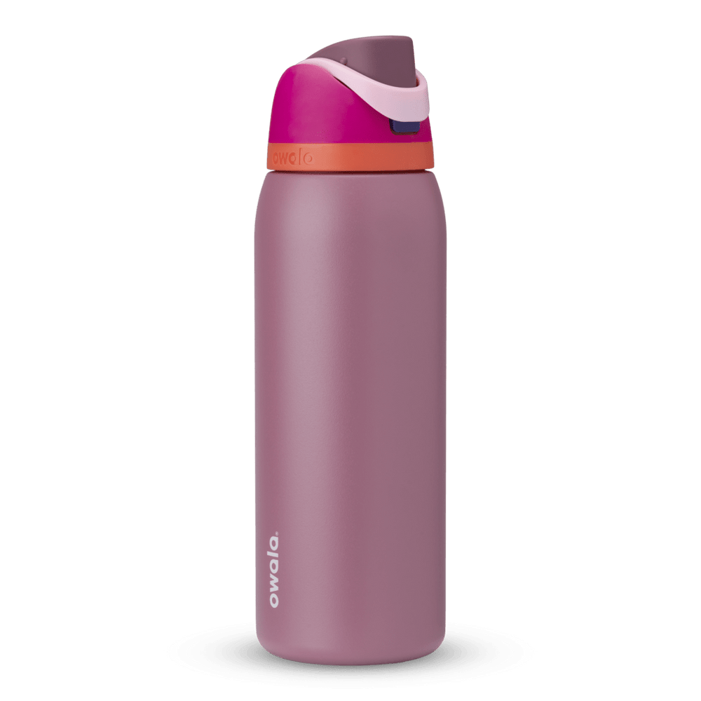 Full profile shot of the 40oz 'Crown Jewel' FreeSip water bottle in pink and mauve.