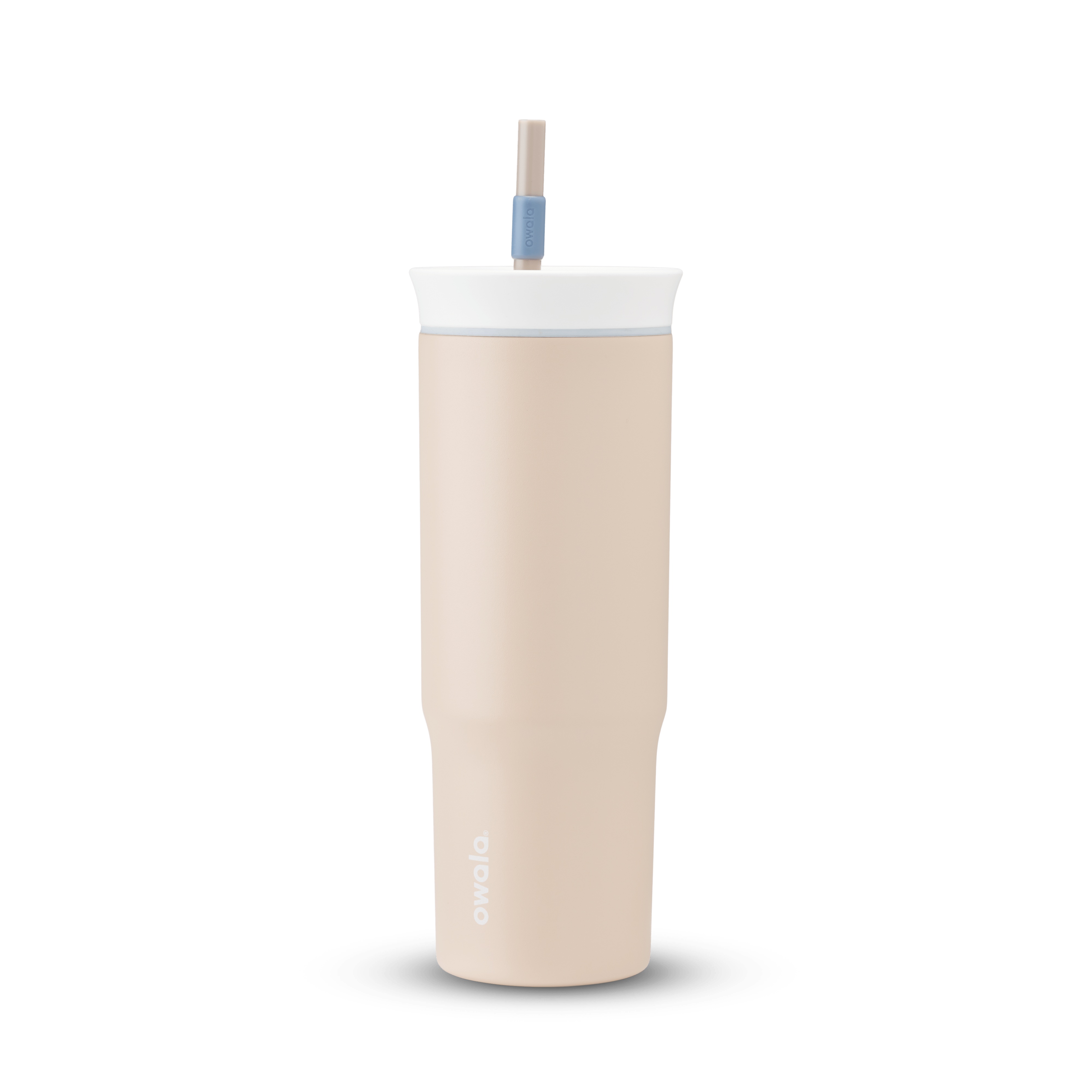 24oz Tumbler in Dune Drifter; matte sand-beige insulated tumbler with white lid, light gray accent ring, and tan straw with dusty blue grip, Owala wordmark on front