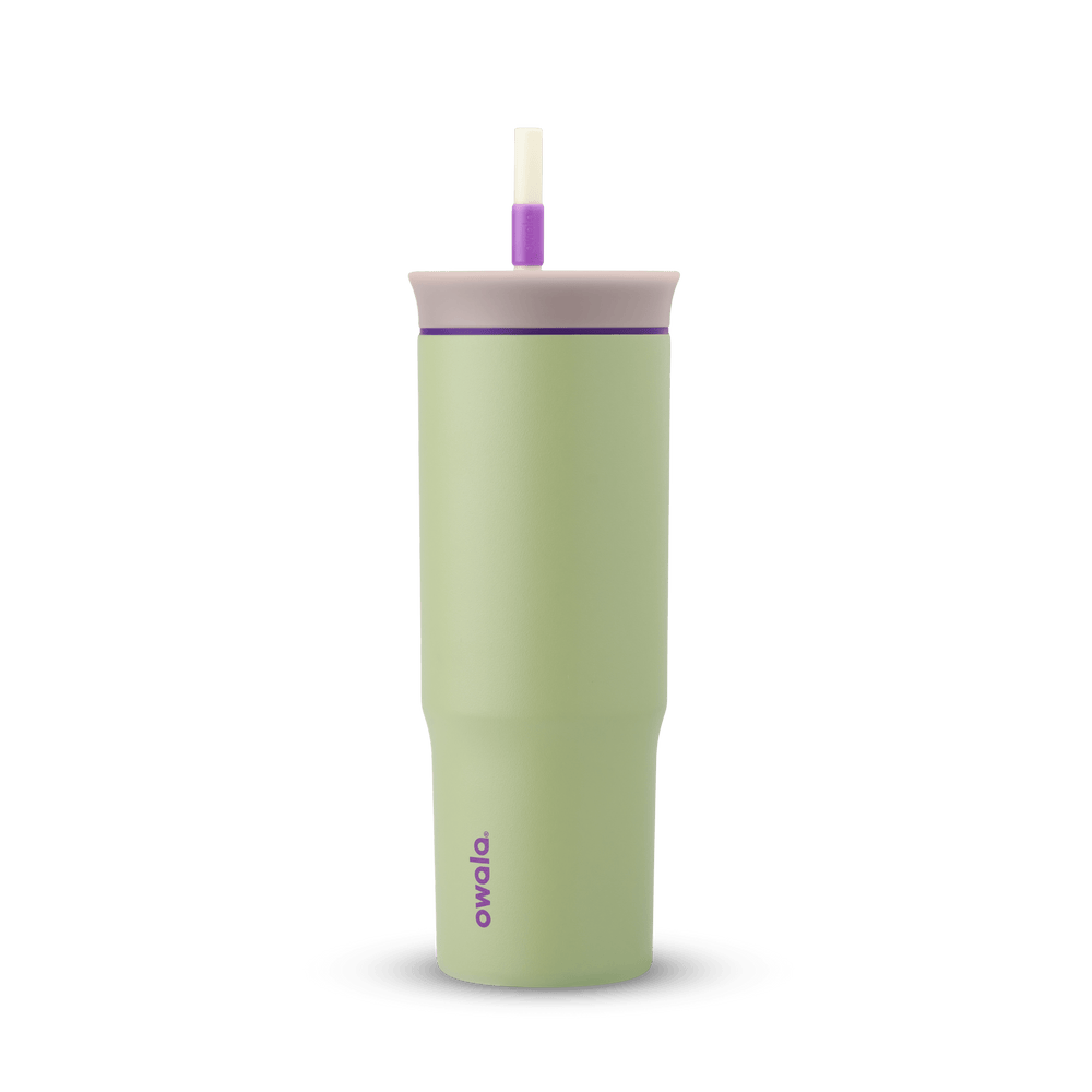 24oz Tumbler in Hip Cactus; sage green body with pale lavender lid, purple accent ring, and white straw with purple grip