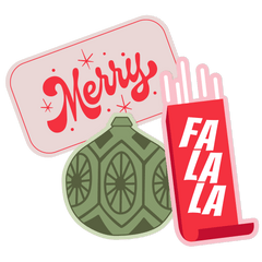 Holiday Sticker Pack illustration; \Merry\ pink rectangle with red script, green vintage Christmas ornament, and red \Fa La La\ tall rectangle stickers arranged together