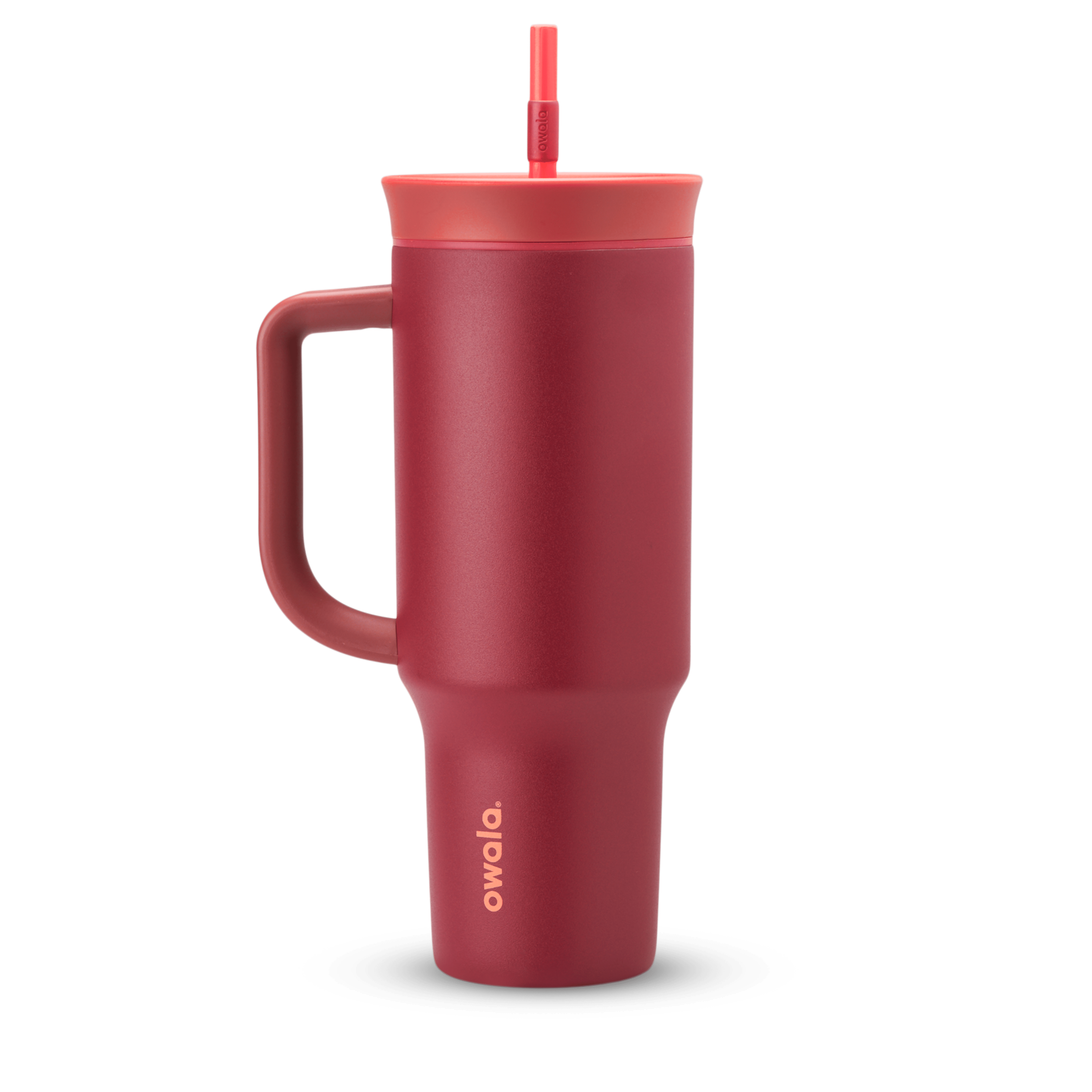 40oz Tumbler in Holly Berry, deep cranberry red insulated tumbler with matching red handle, coral-toned lid, and straw