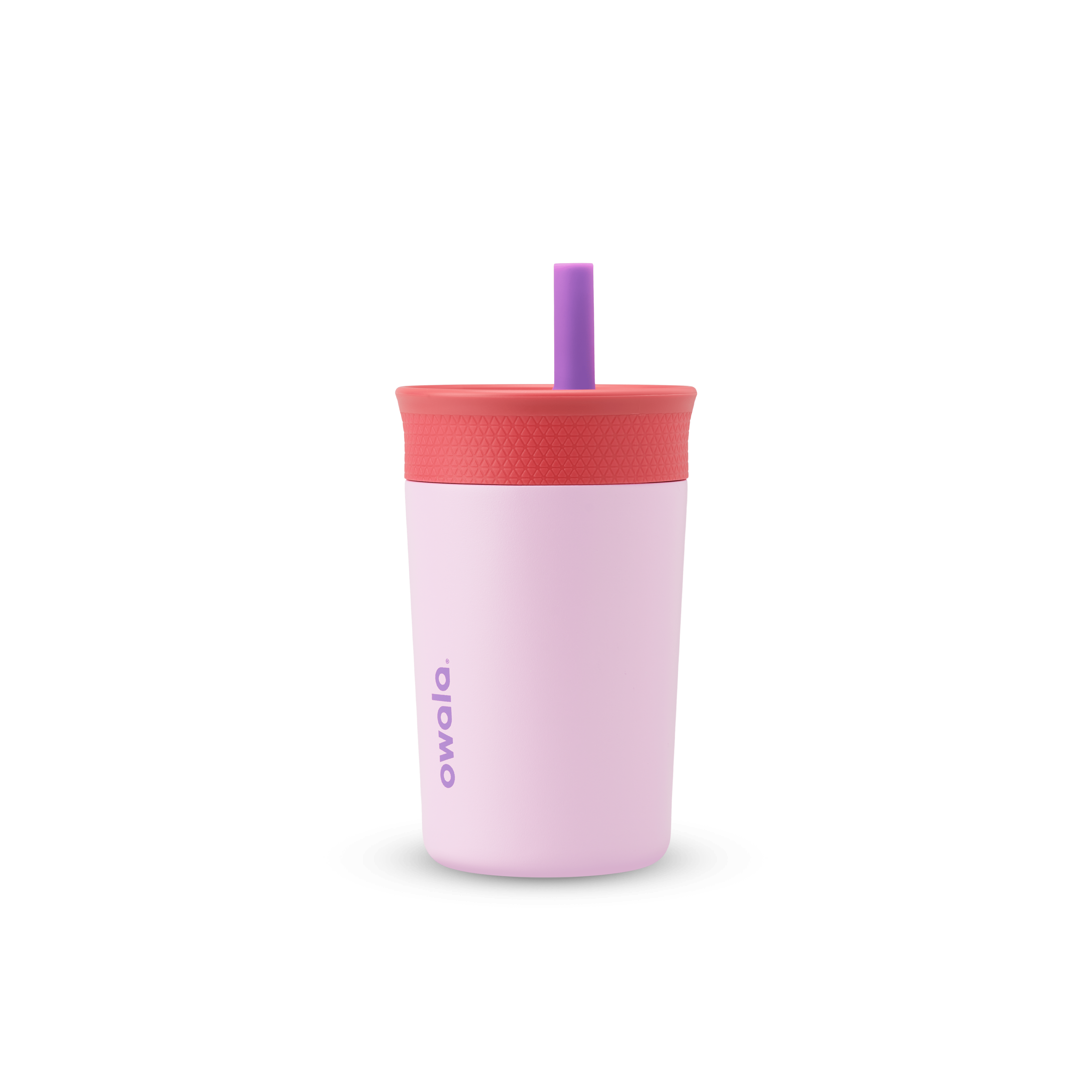 Kids' Tumbler 12oz in Lilac Rocket; soft pink insulated tumbler with coral red lid and purple straw, purple Owala logo on front
