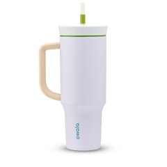 40oz Tumbler in Lost in Space, pale lavender insulated tumbler with cream handle, white lid with green accent ring, and white straw with green grip
