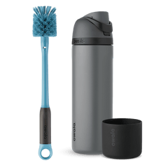 Starter Pack Bundle; gray FreeSip water bottle with gray flip cap, blue bottle brush with loop ring, and black silicone Bottle Boot
