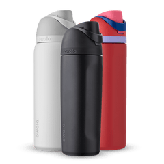 FreeSip Bundle; group of three FreeSip insulated water bottles in white, black, and red with lavender carry loop and navy accent band