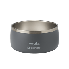 Pet Bowl 6-cup; matte slate gray exterior with stainless steel interior rim and Owala x Wolfgang logo on front