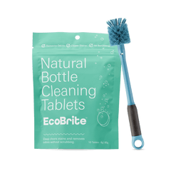 Bottle Cleaning Bundle; teal EcoBrite Natural Bottle Cleaning Tablets resealable packet beside a blue long-handled bottle brush with gray grip and loop ring