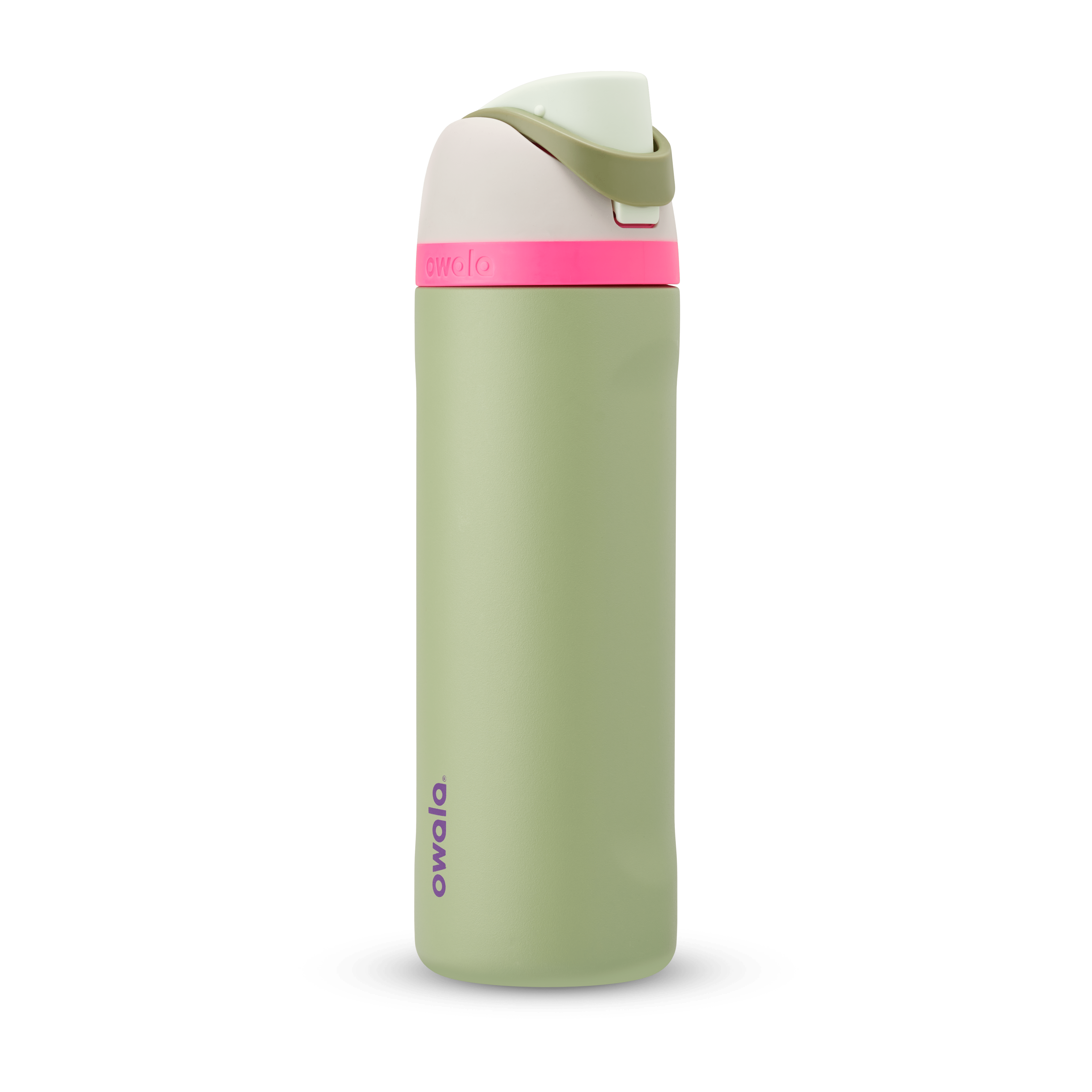 FreeSip 24oz in Neo Sage, sage green body with hot pink accent band, cream lid, sage green carry loop, and mint green flip cap