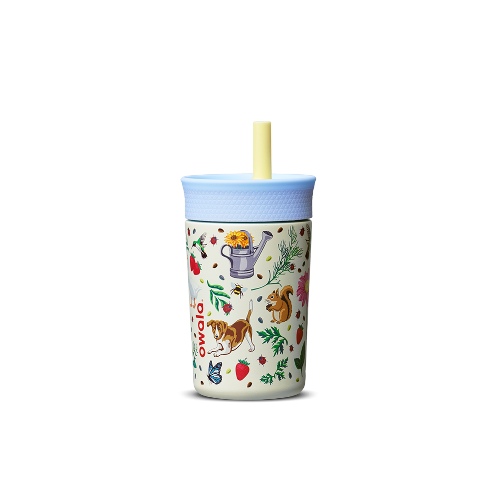 Kids' Tumbler Mother's Day Garden; cream white body with colorful garden print of flowers, strawberries, watering can, dog, squirrel, and bees, light blue lid, and yellow straw