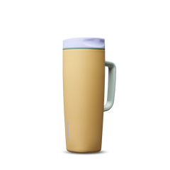 SmoothSip Slider with Handle 24oz in Beachfront, golden yellow insulated mug with lavender slider lid, mint green handle, and lavender slider button