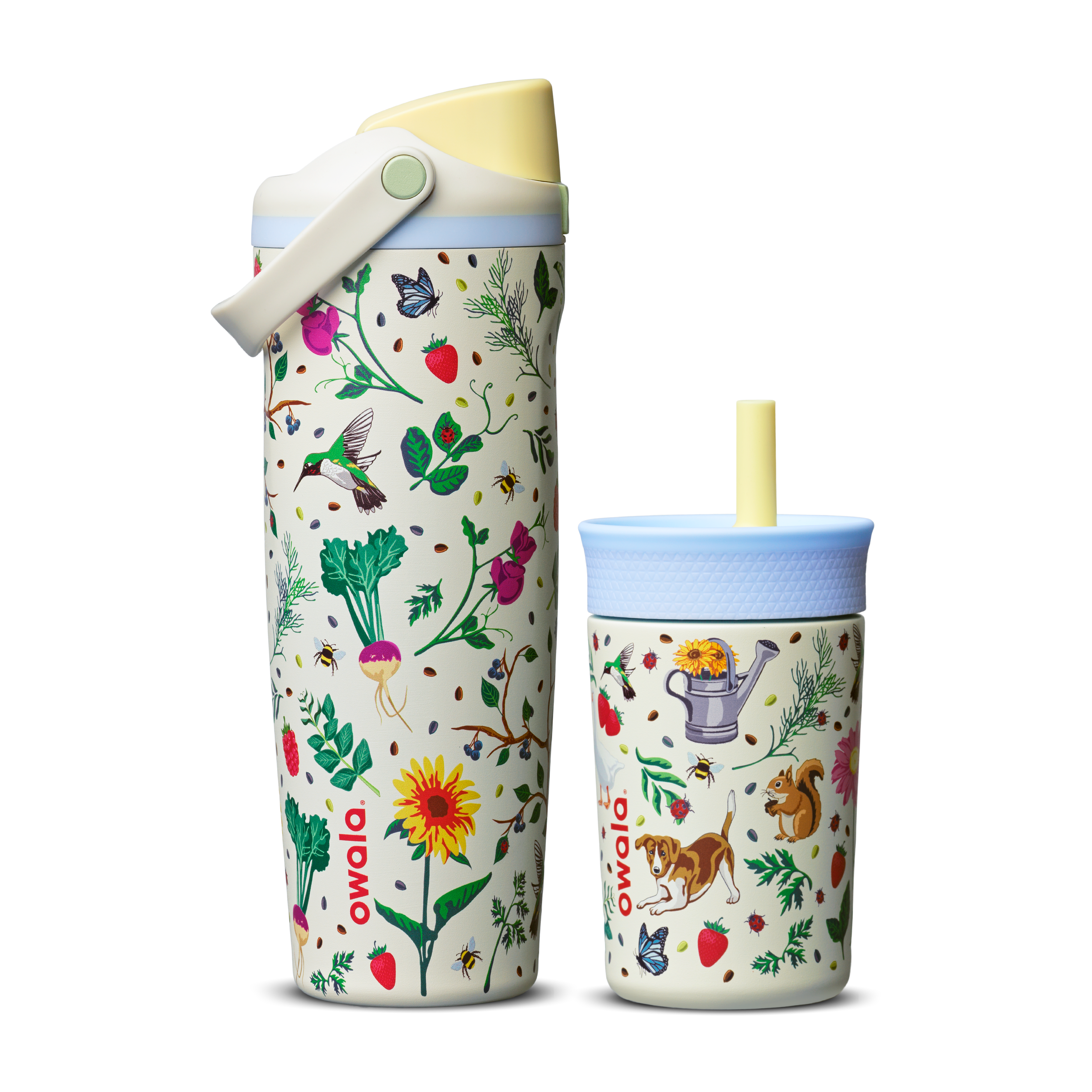 Owala Mother's Day Garden FreeSip Sway and Kids' Tumbler side by side; both in cream white with colorful garden print of flowers, strawberries, hummingbirds, bees, and a squirrel; FreeSip Sway has a yellow flip cap and light blue carry loop, Kids' Tumbler has a light blue lid and yellow straw