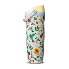 FreeSip Sway 30oz Mother's Day Garden; cream white body with colorful garden print featuring flowers, strawberries, hummingbirds, and bees, yellow flip cap, and light blue carry loop