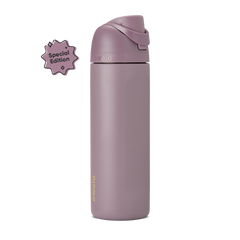 FreeSip 24oz in Spring Revival, dusty mauve-purple insulated bottle with matching flip cap and carry loop, gold Owala logo