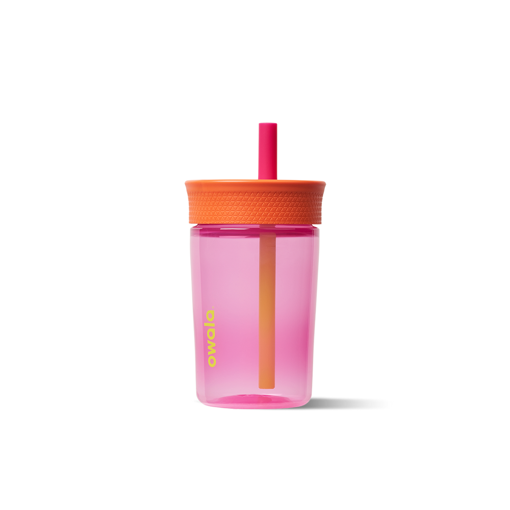 Kids Tumbler 15oz in A-Parrot-Ly Pink, hot pink-magenta transparent body with orange lid and bright pink straw