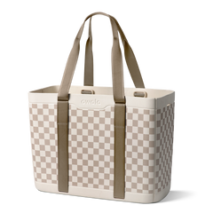 Sun-Day Collapsible Tote in Checkin' In, cream and tan checkerboard pattern tote bag with tan carry handles